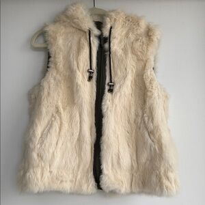 BCBGMaxAzria Rabbit Fur Reversible Hooded Vest Delliah Real Ivory Green